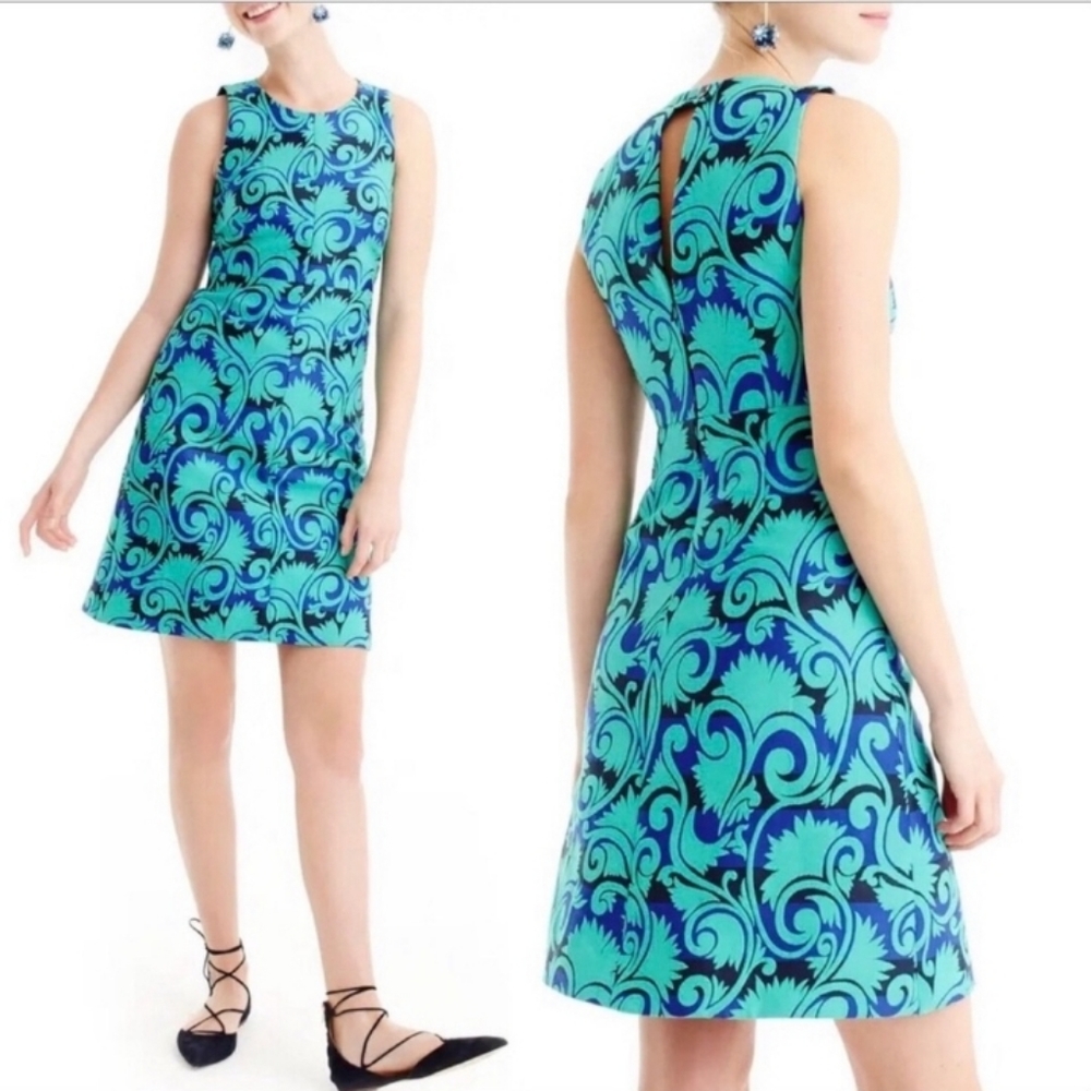 J.crew Vineyard Jaquard A-line Sleeveless Dress Teal Navy & Black sz 6 (tall sz)